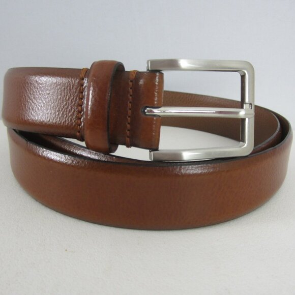 NEW Johnston & Murphy Mens 44 Brown Feather Edge Cognac Leather Dress Belt Italy
